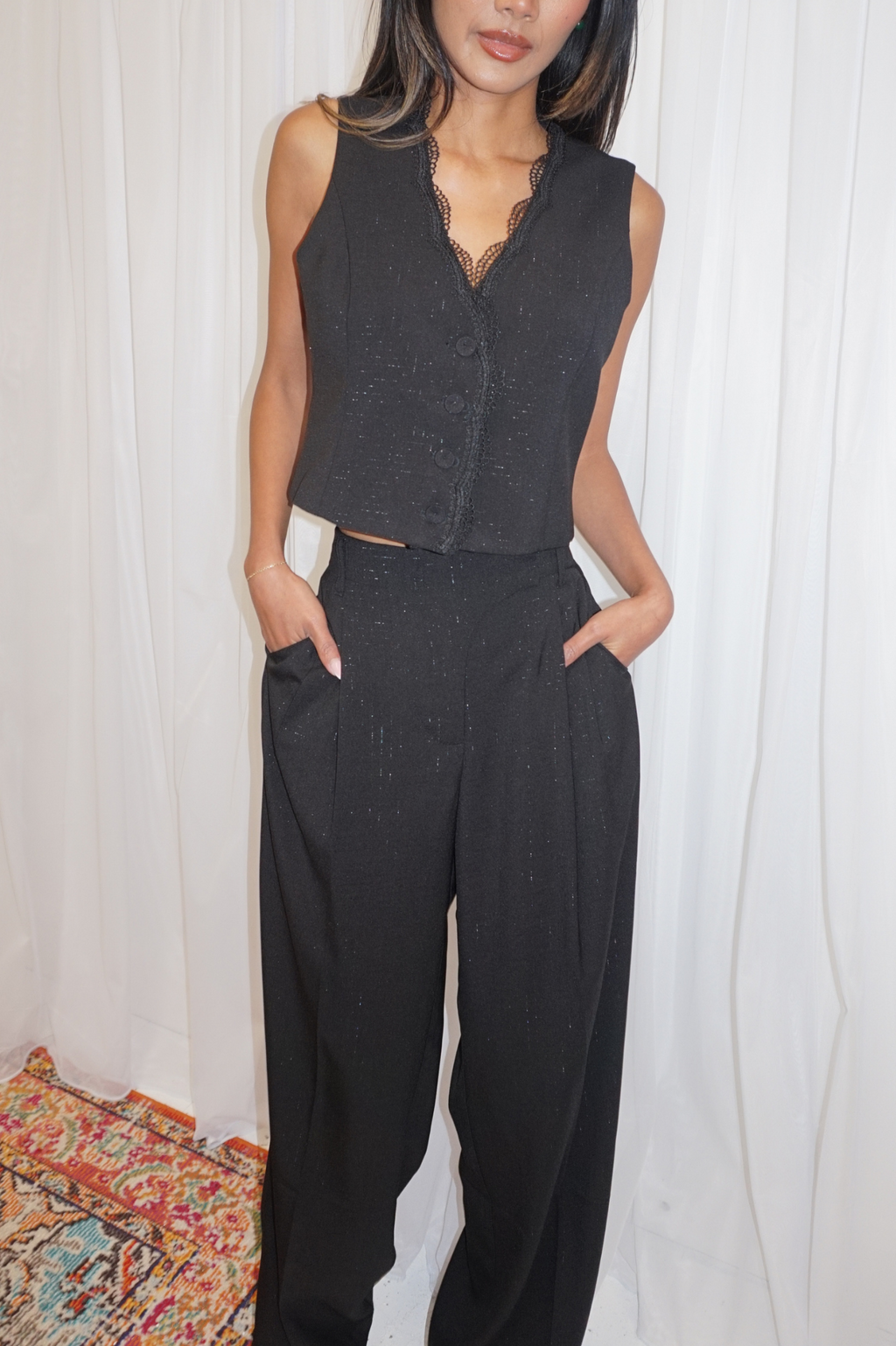 Sindee Lace Trim Waistcoat Black