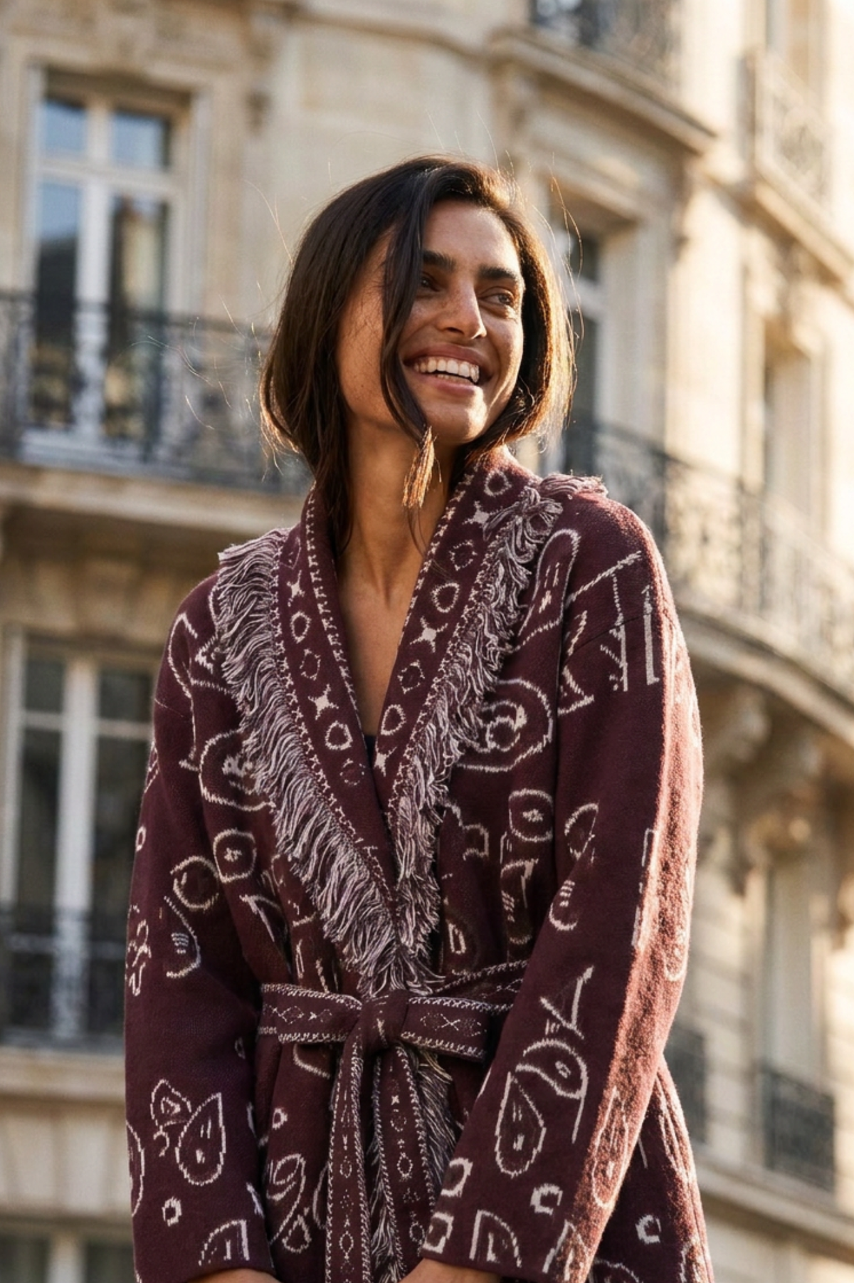 KAYA PAISLEY BANDANA PRINT WRAP CARDIGAN BURGUNDY