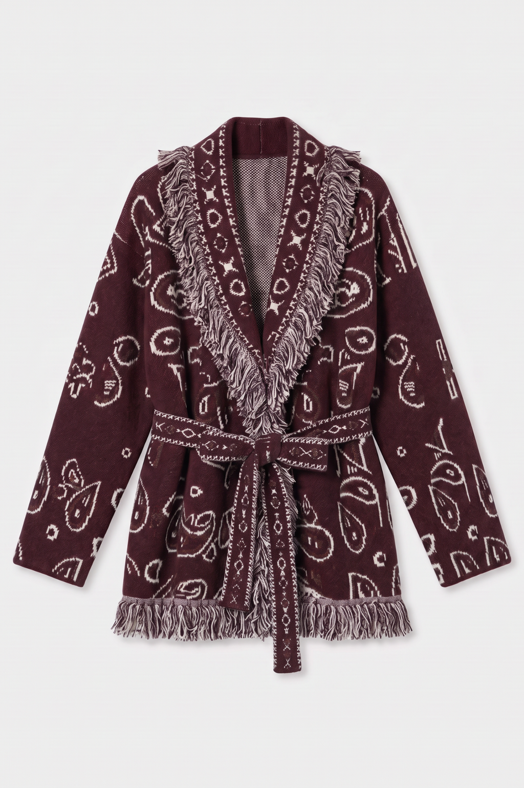 KAYA PAISLEY BANDANA PRINT WRAP CARDIGAN BURGUNDY