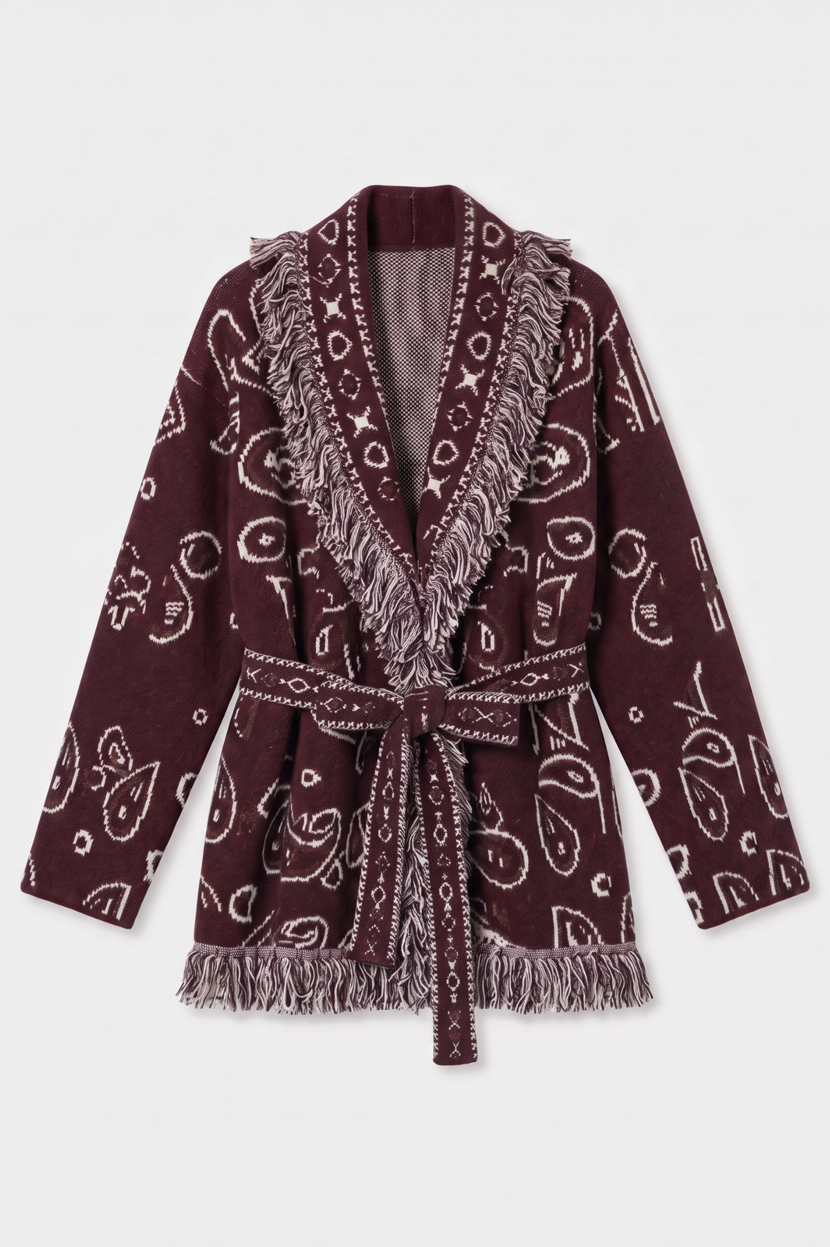 KAYA PAISLEY BANDANA PRINT WRAP CARDIGAN BURGUNDY