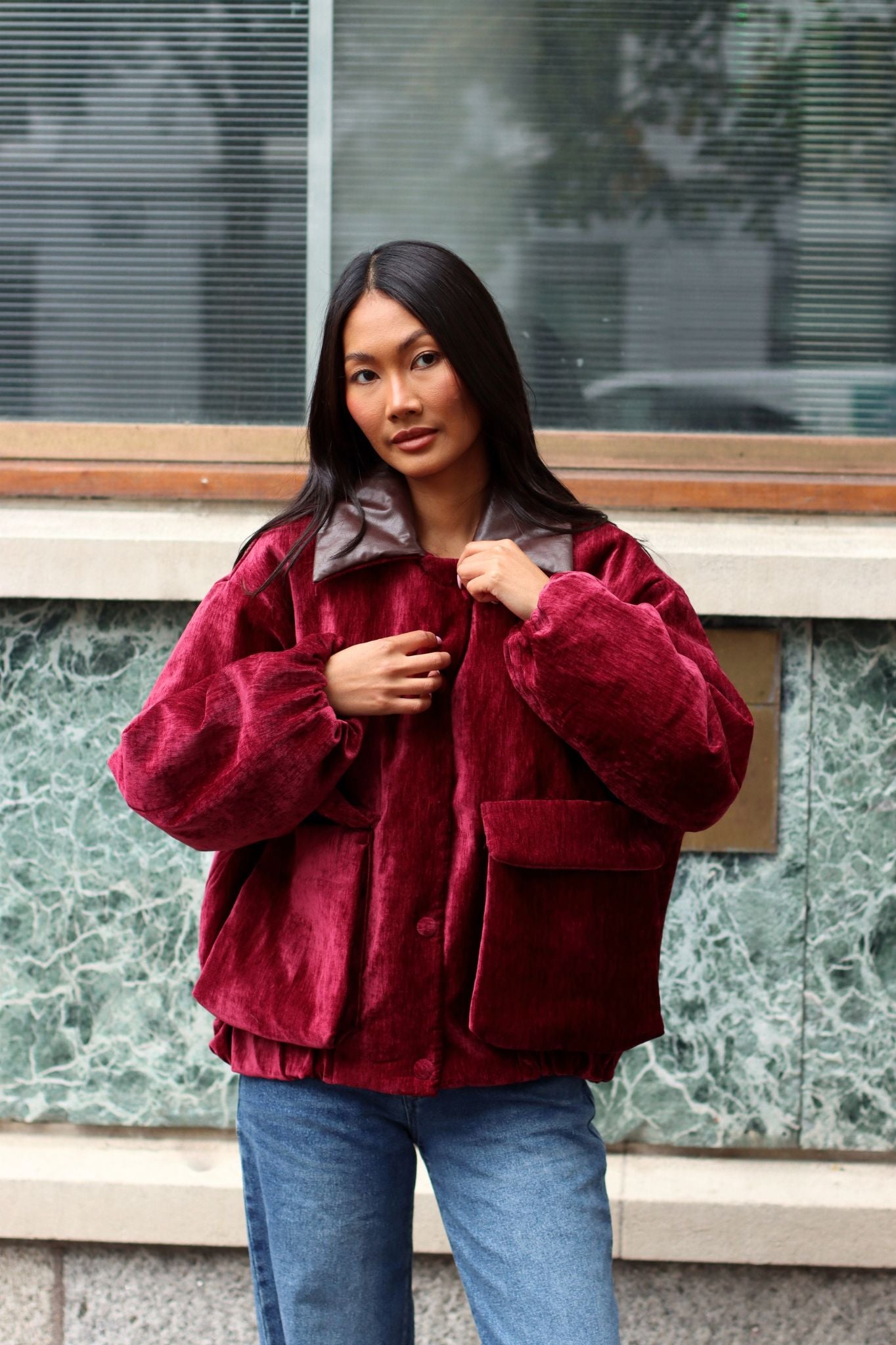 Raye Velvet Bomber Burgundy