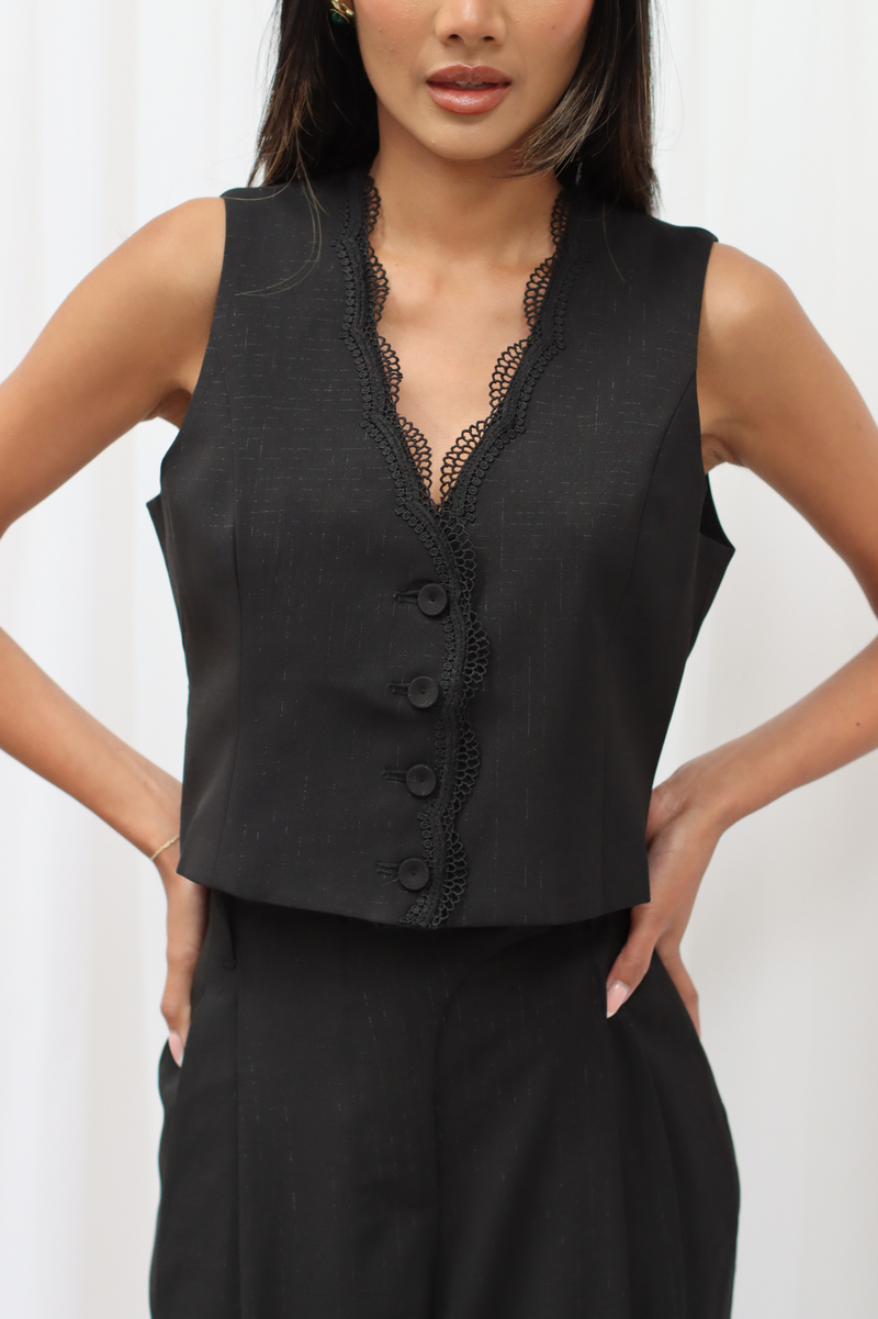 Sindee Lace Trim Waistcoat Black