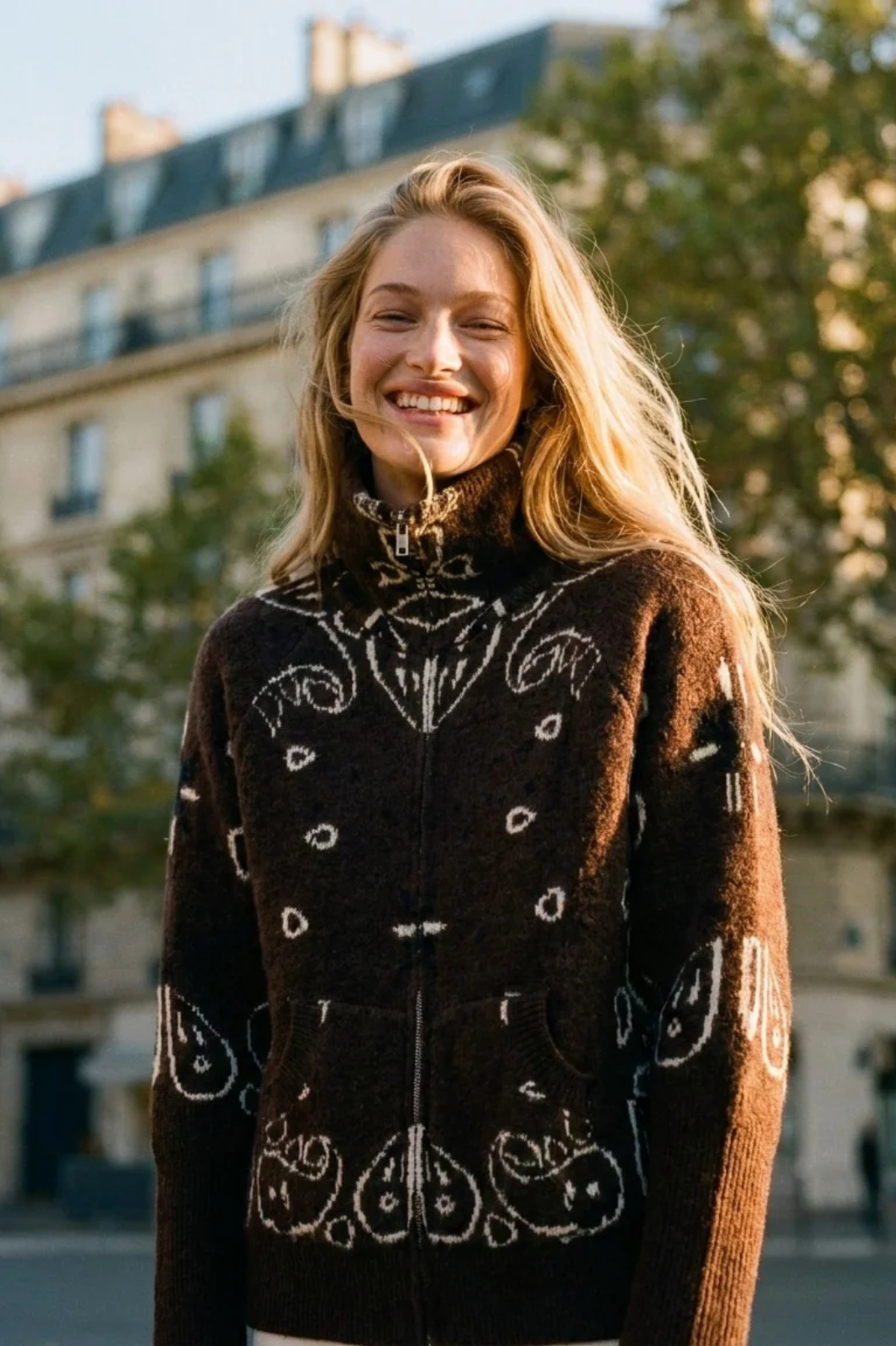 KAYA PAISLEY BANDANA PRINT ZIP UP CARDIGAN BROWN