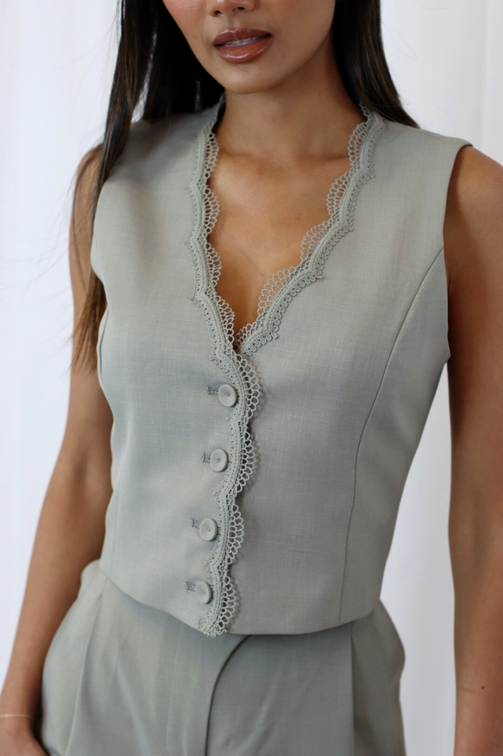 Sindee Lace Trim Waistcoat Sage