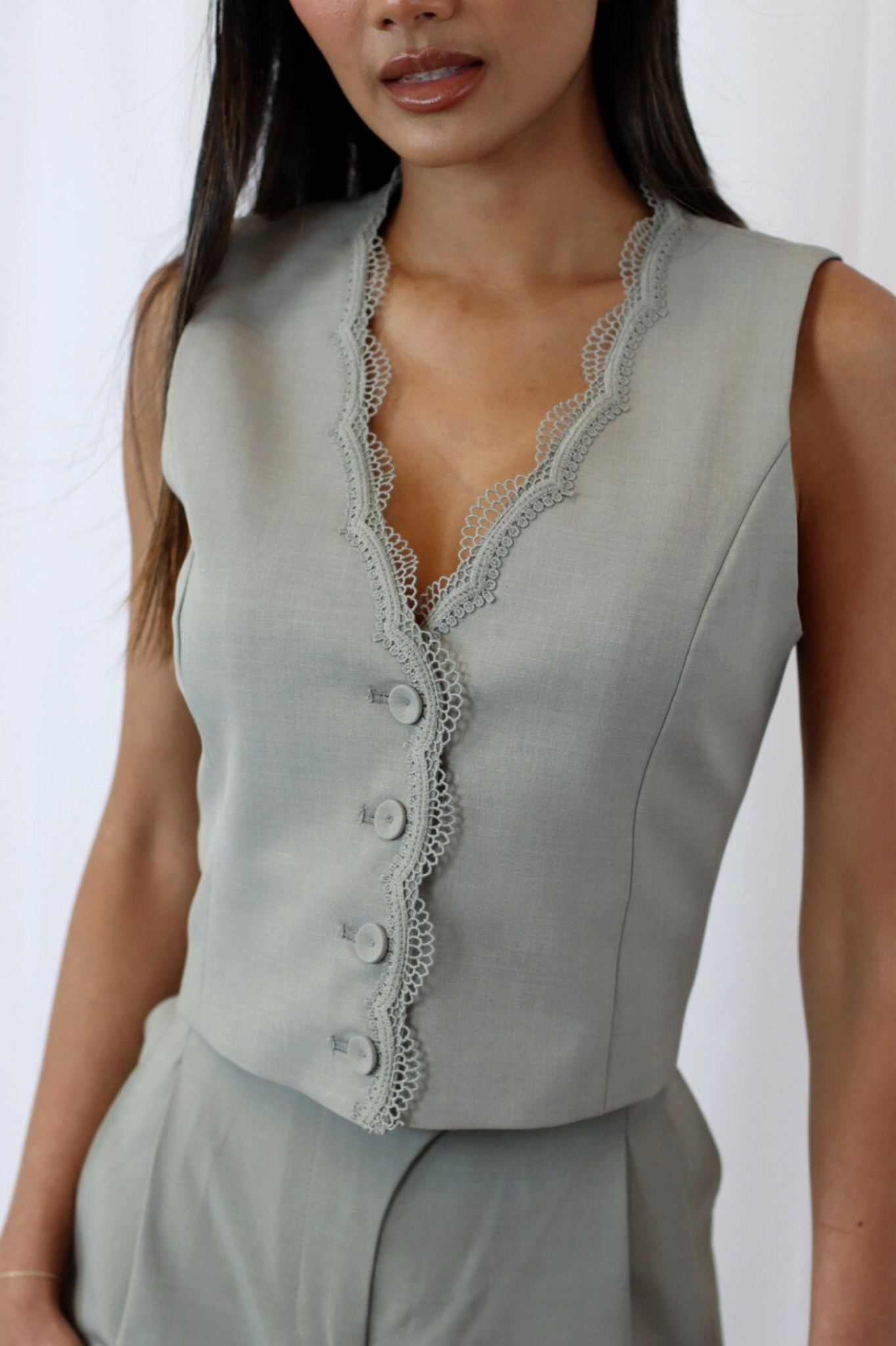 Sindee Lace Trim Waistcoat Sage