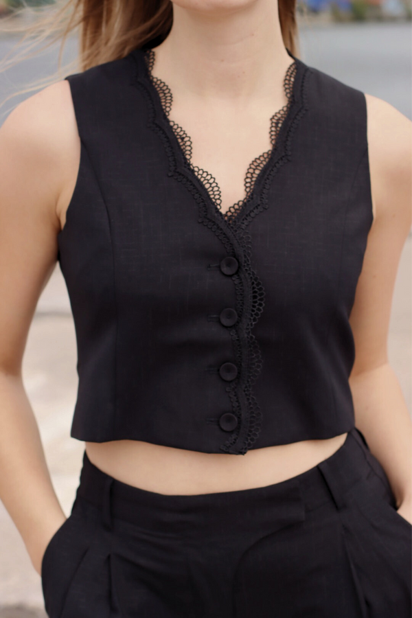 Sindee Lace Trim Waistcoat Black