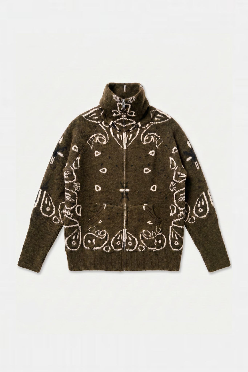 KAYA PAISLEY BANDANA PRINT ZIP UP CARDIGAN KHAKI