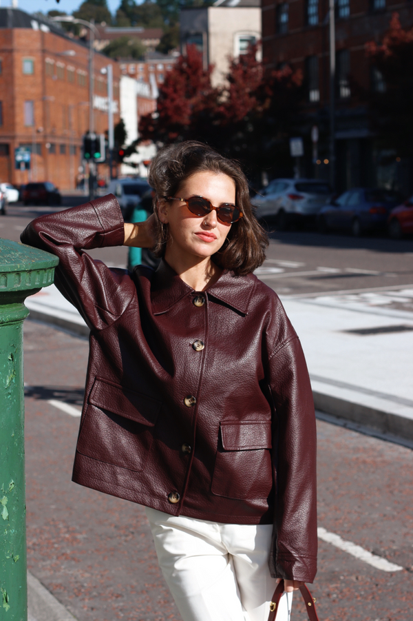 LOGAN FAUX LEATHER JACKET BURGUNDY