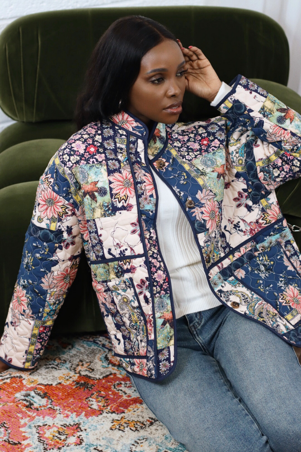 LILIANA QUILTED FLORAL JACKET NAVY