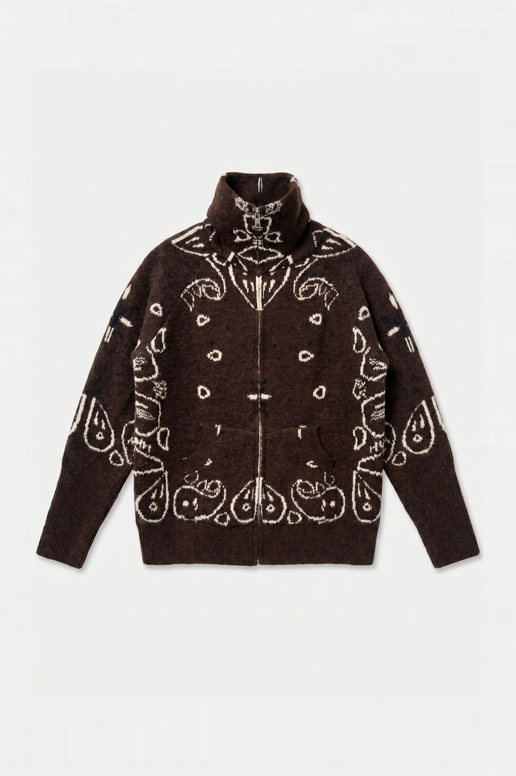 KAYA PAISLEY BANDANA PRINT ZIP UP CARDIGAN BROWN