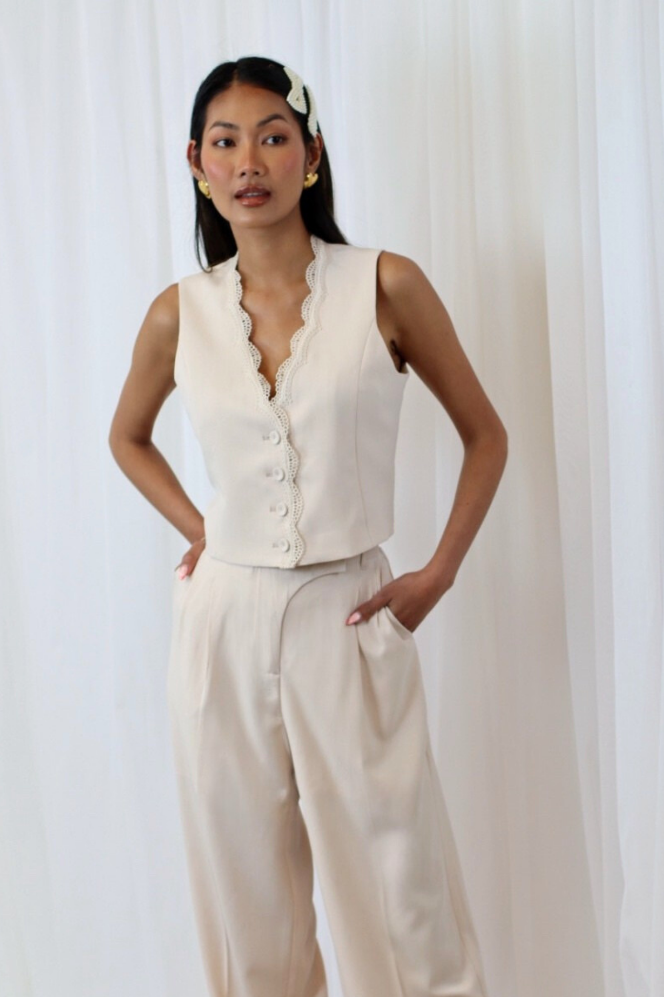 Sindee Lace Trim Waistcoat Blush
