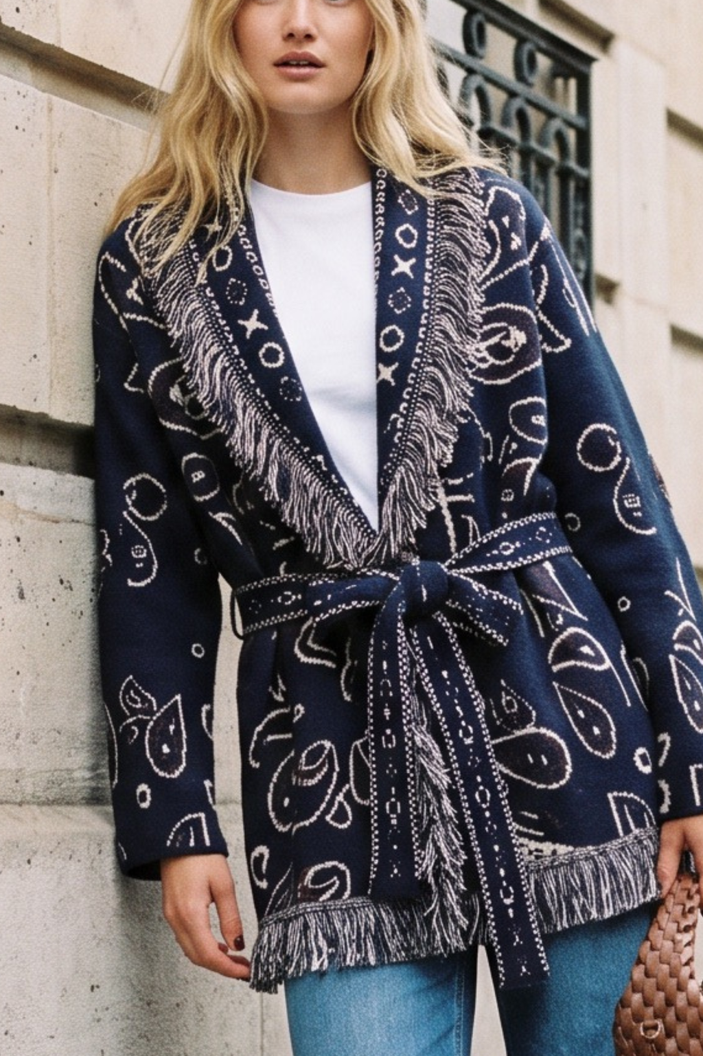 KAYA PAISLEY BANDANA PRINT WRAP CARDIGAN NAVY