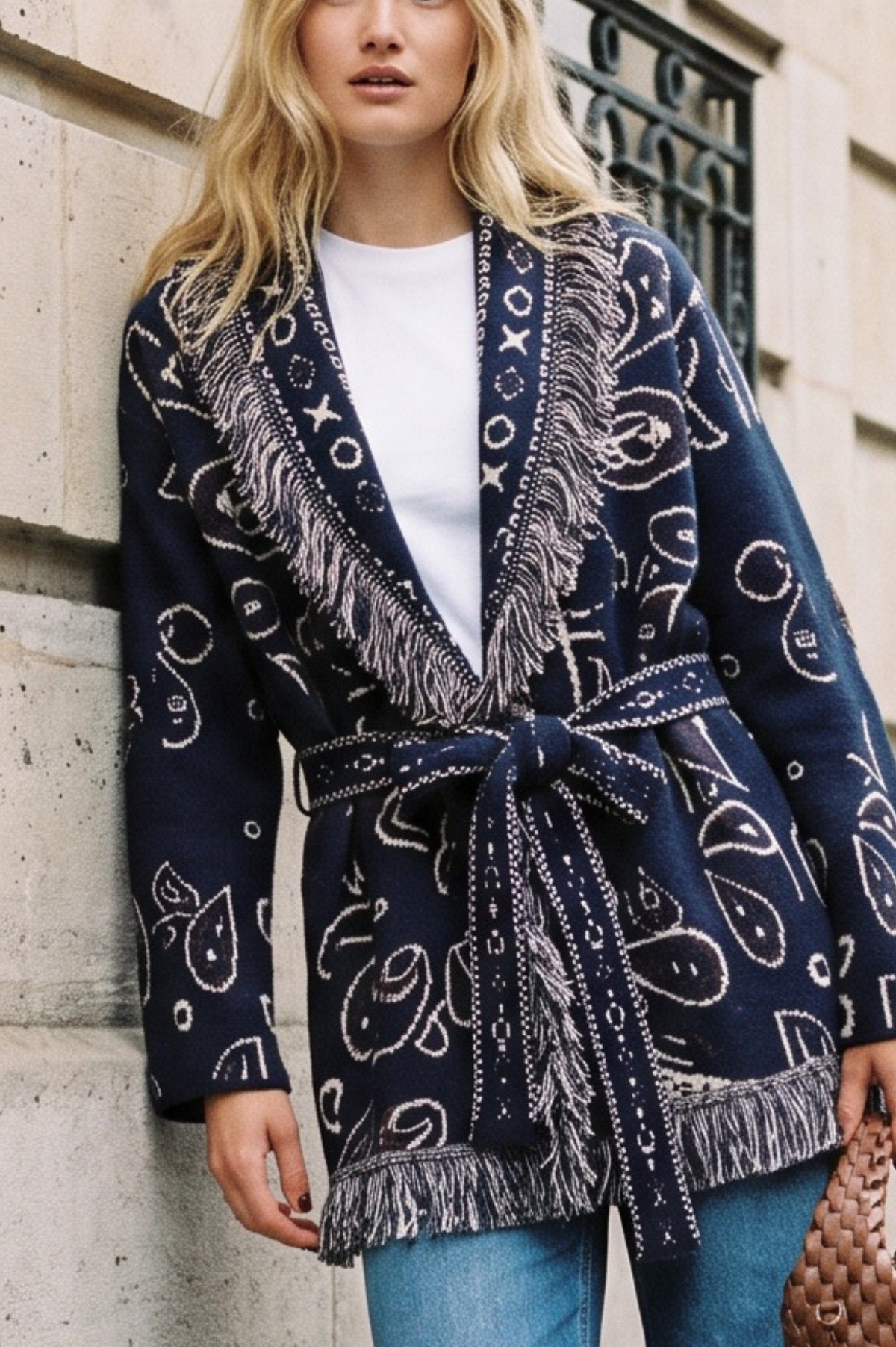 KAYA PAISLEY BANDANA PRINT WRAP CARDIGAN NAVY