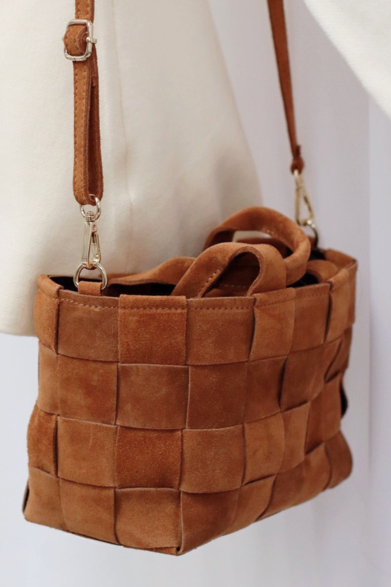 Fillipa Suede Woven Bucket Bag Carmel