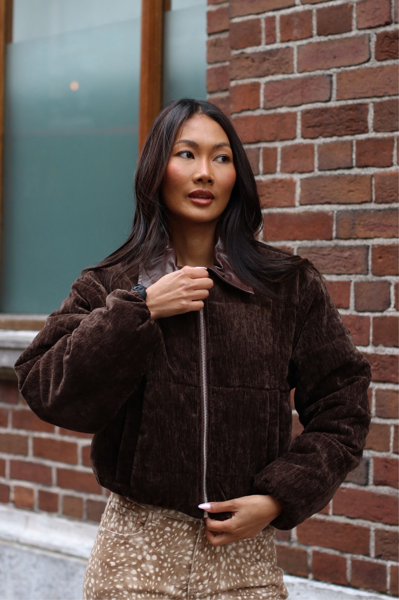 Riri Cropped Velvet Bomber Deep Brown