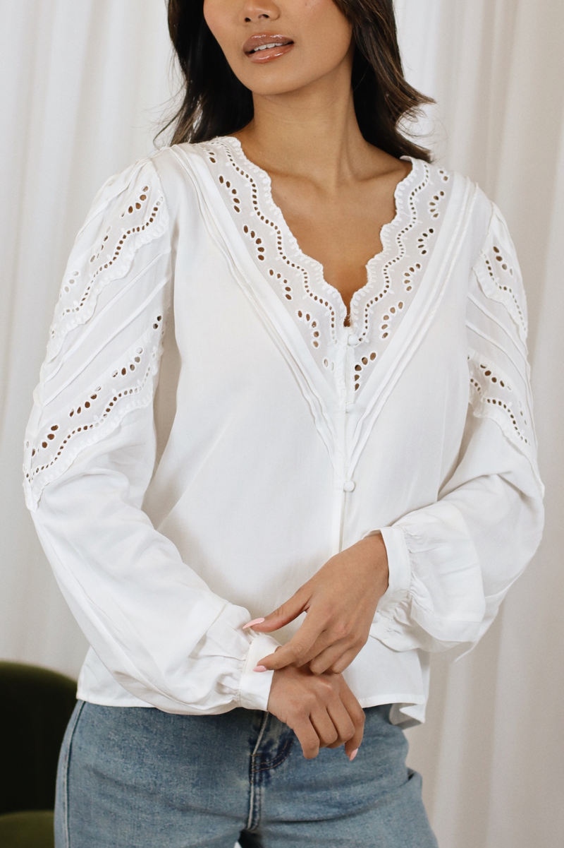 CALLIE LACE NECKLINE BUTTON BLOUSE