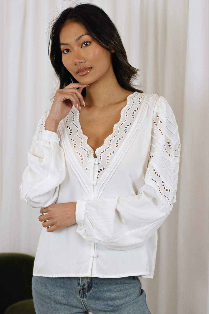 CALLIE LACE NECKLINE BUTTON BLOUSE