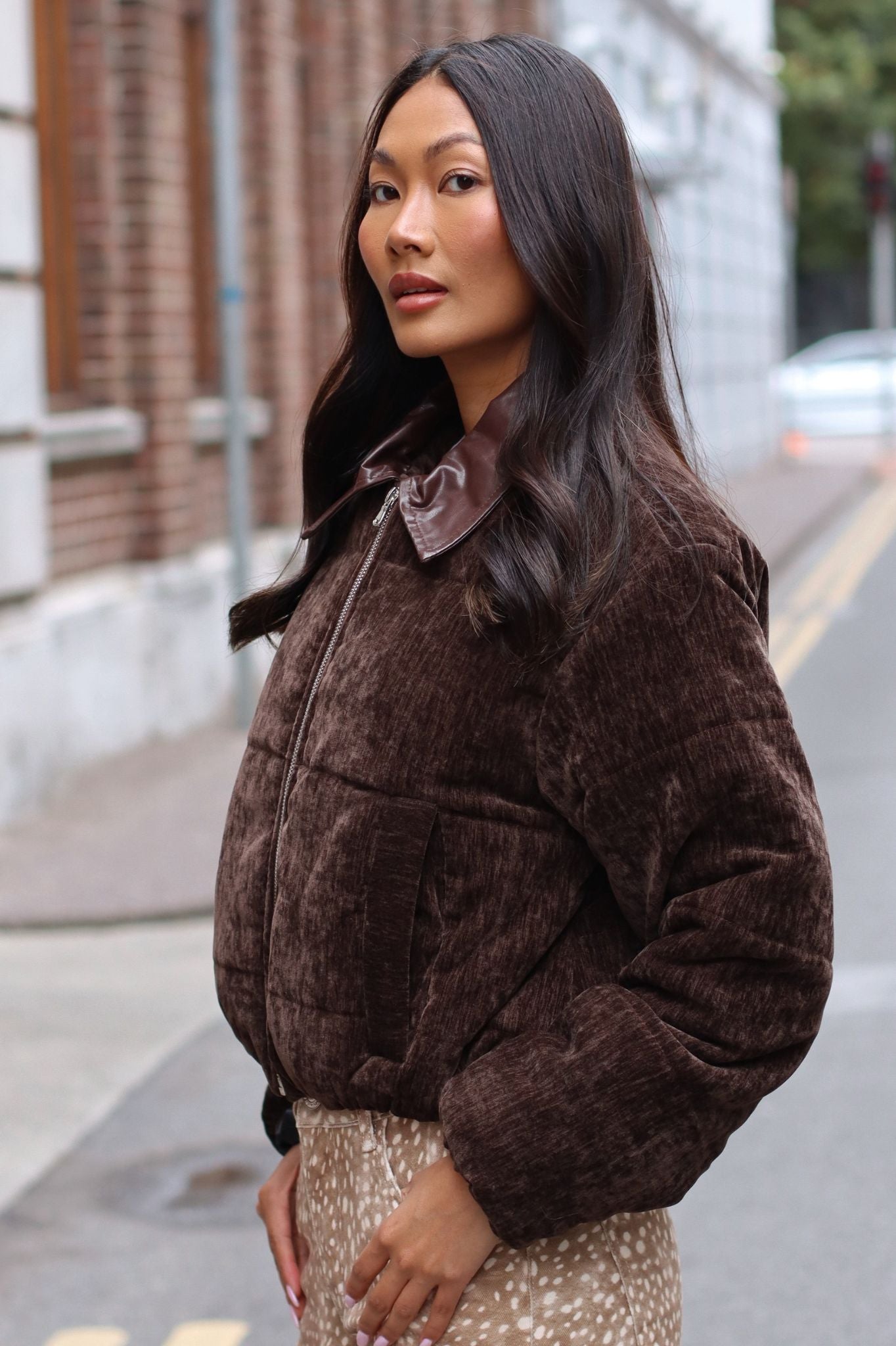 Riri Cropped Velvet Bomber Deep Brown