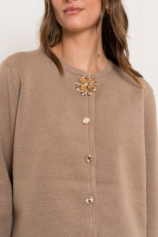 Kareen Knitted Cardigan Carmel with Flower