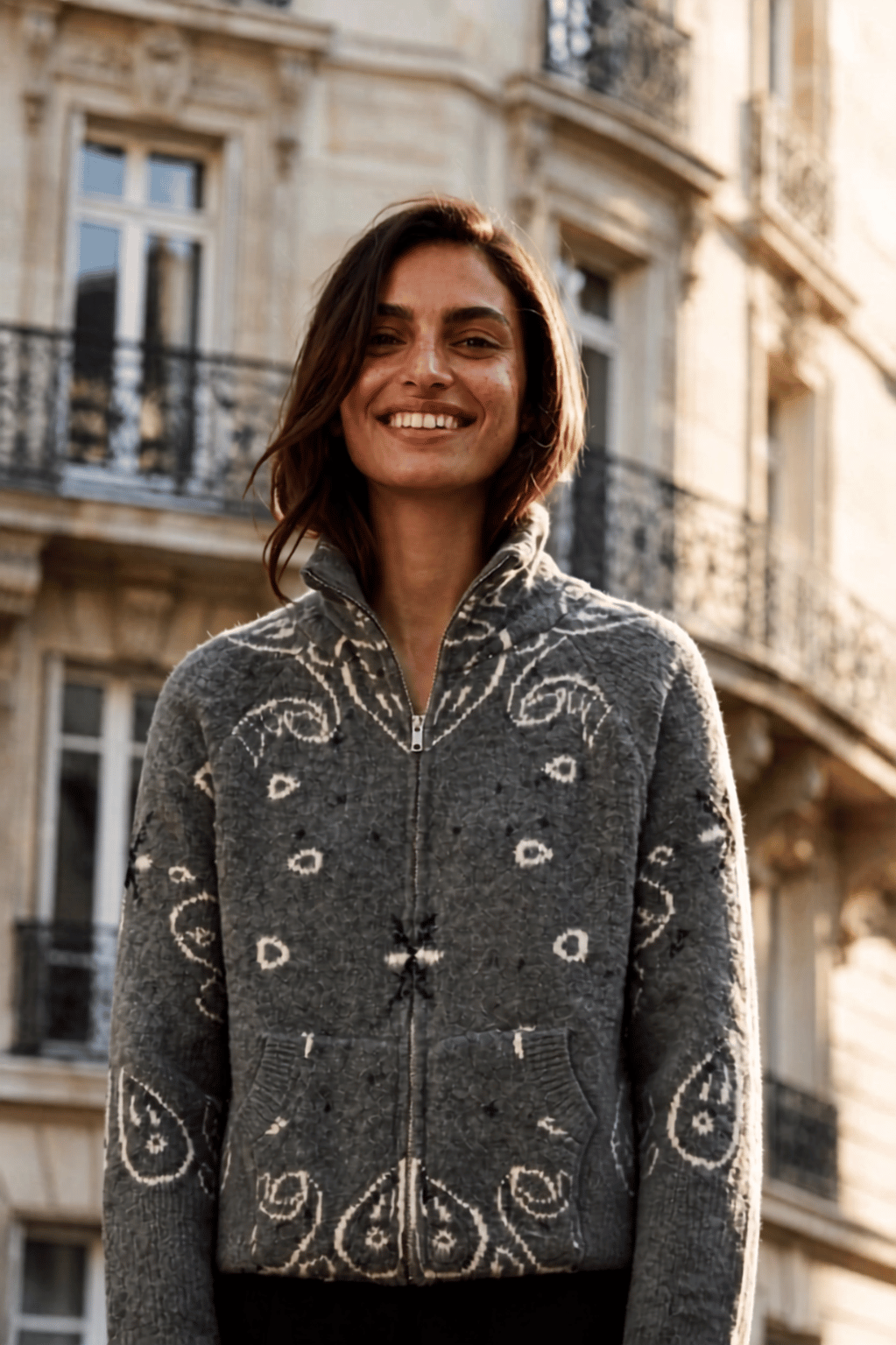 KAYA PAISLEY BANDANA PRINT ZIP UP CARDIGAN GREY
