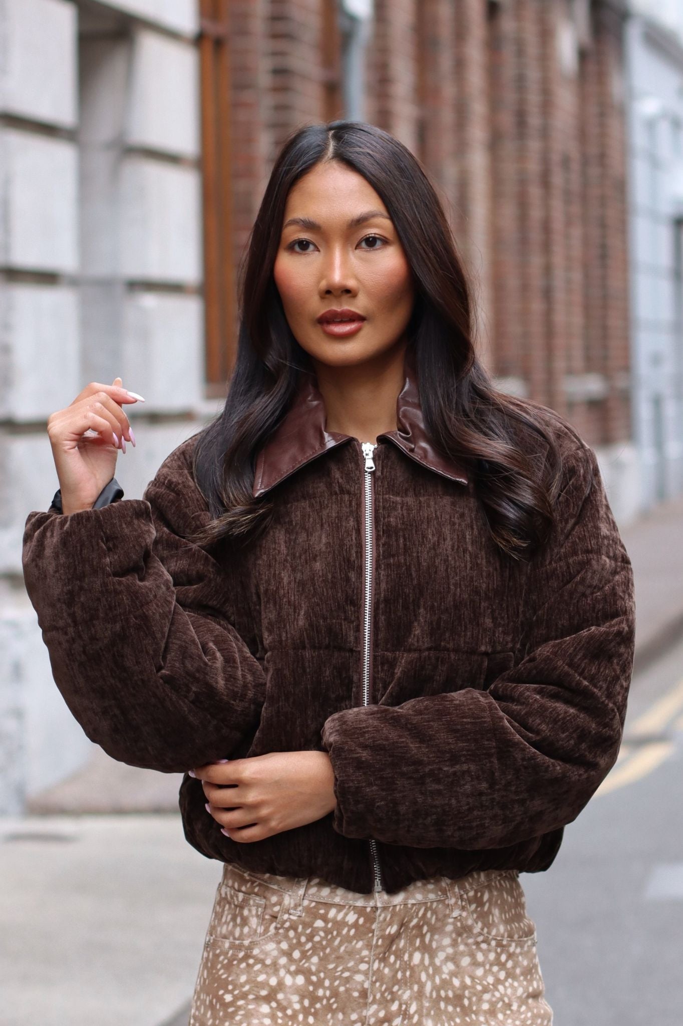 Riri Cropped Velvet Bomber Deep Brown