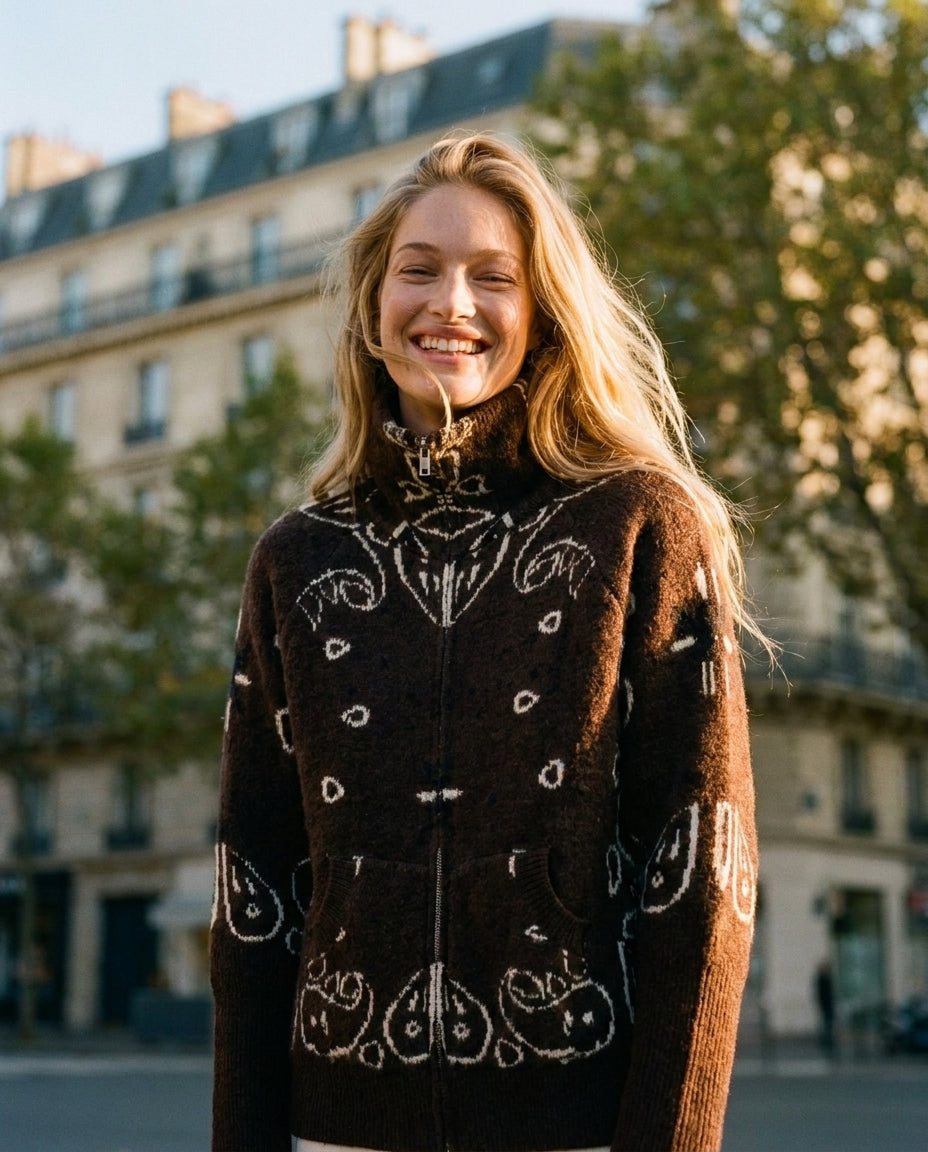KAYA PAISLEY BANDANA PRINT ZIP UP CARDIGAN BROWN